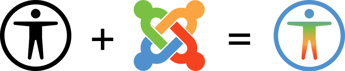 Symbolische Gleichung für Brarrierefreiheit in Joomla: Schwarzes Barrierefreiheit Icon plus farbiges Joomla Logo ergeben ein farbiges Barrierefreiheit Icon