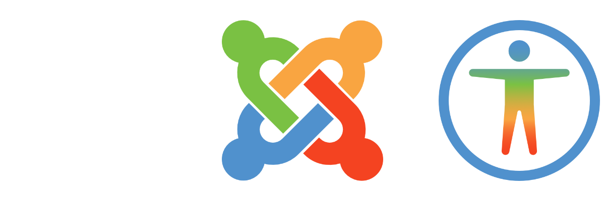 Symbolic equation for accessibility in Joomla: White accessibility icon plus colored Joomla logo results in a colored accessibility icon